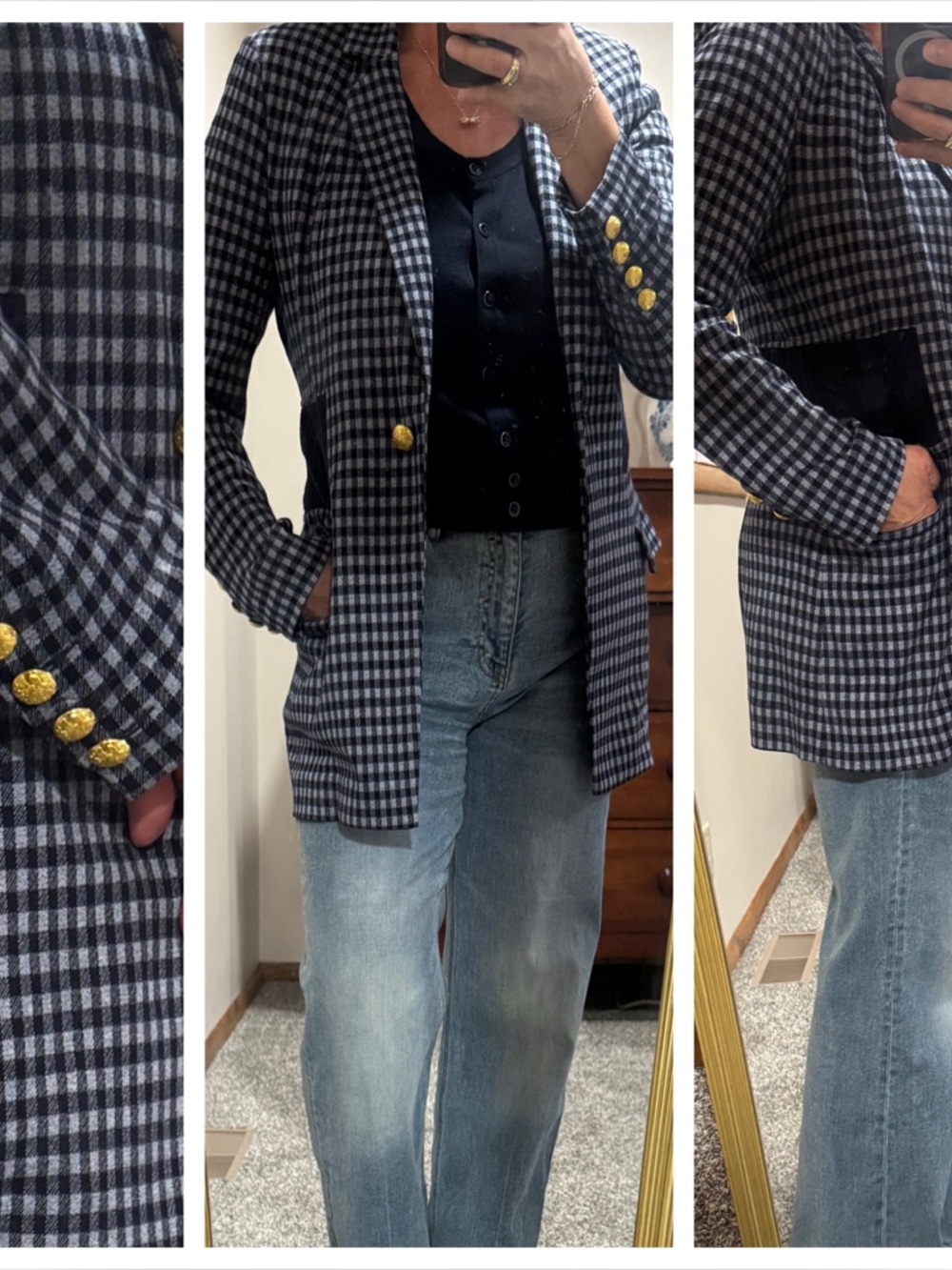 CAbi Navy and White Checkered Blazer with Gold Buttons